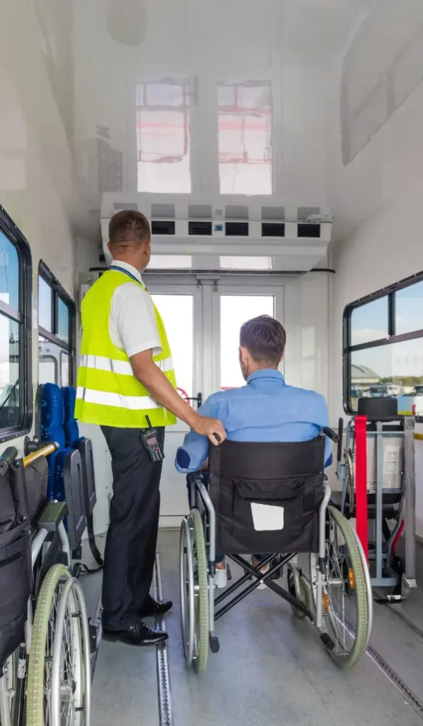 Wheelchair passenger inside medical transport vehicle during transportation