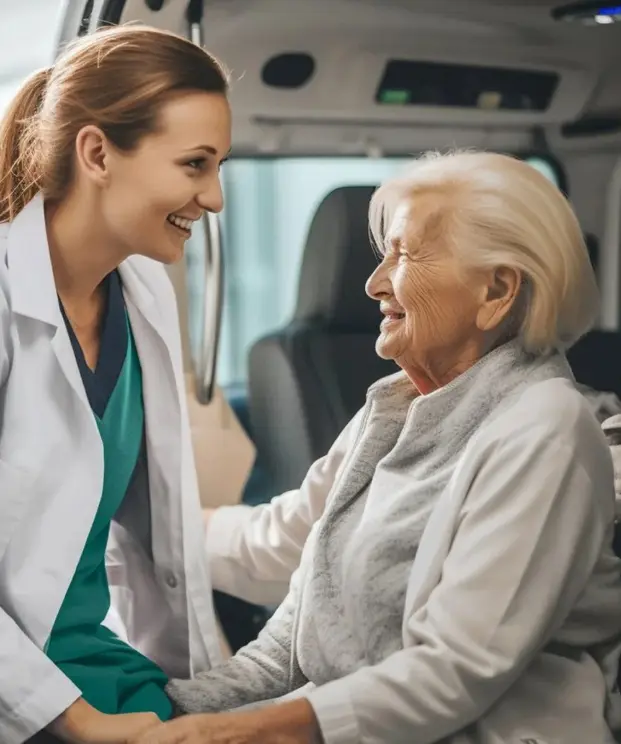 Senior patient receiving assistance before medical transportation ride in Glendale CA