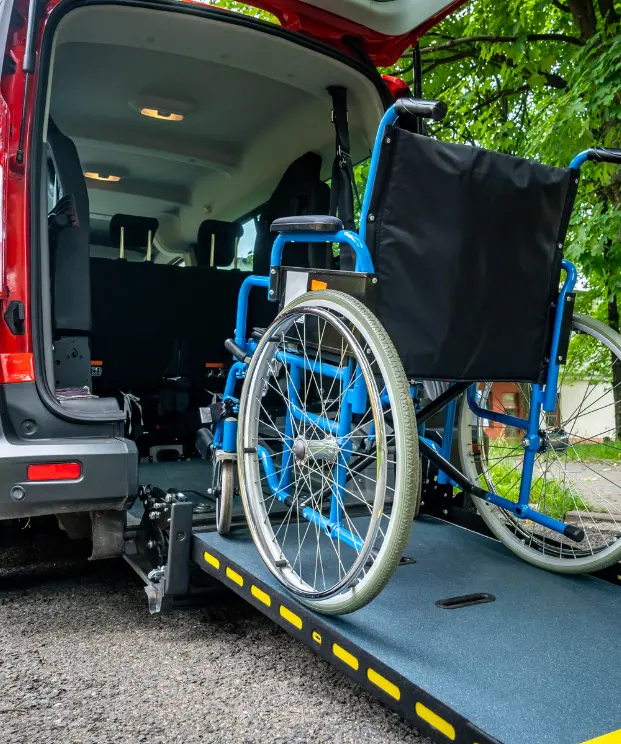 Wheelchair transportation vehicle in Glendale CA with accessible ramp for patients